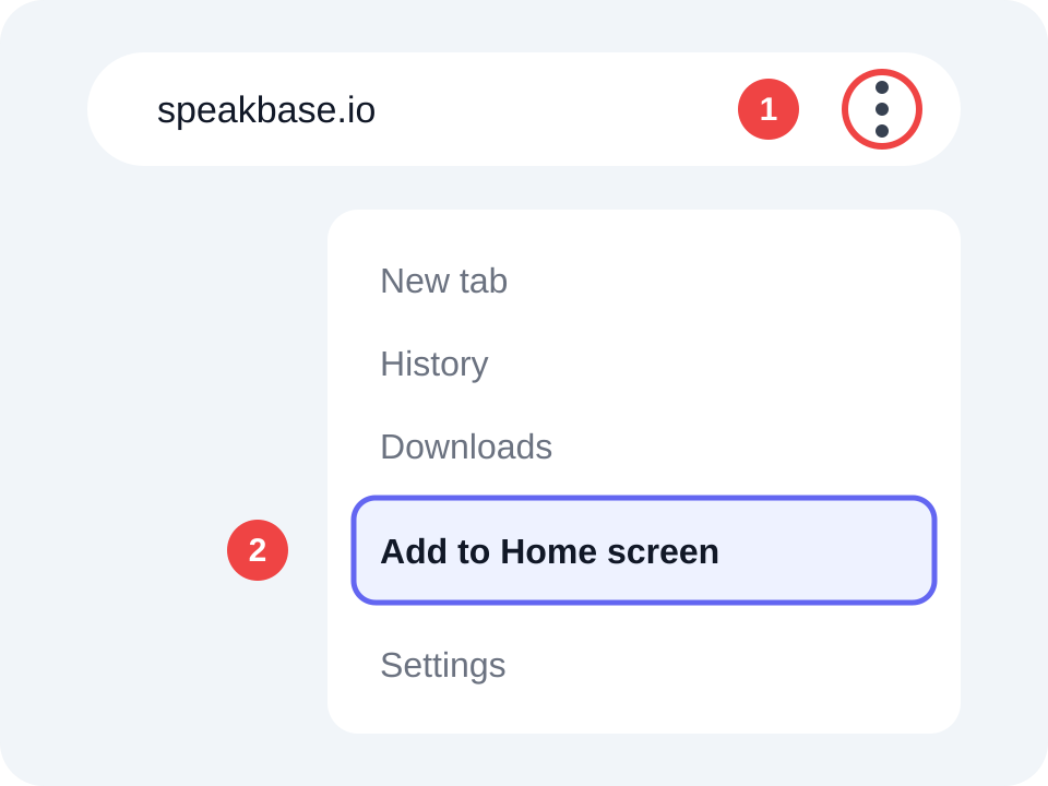 تثبيت SpeakBase على أندرويد: قائمة النقاط الثلاث ثم إضافة إلى الشاشة الرئيسية