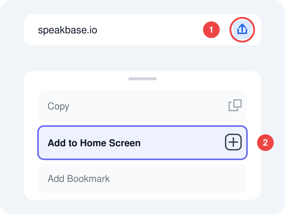 تثبيت SpeakBase على آيفون: زر المشاركة ثم إضافة إلى الشاشة الرئيسية